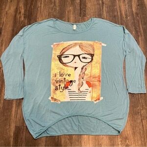 Tui Bian Blue Long Sleeves Round Neck Printed Logo Tee Shirt Top Cotton Size M